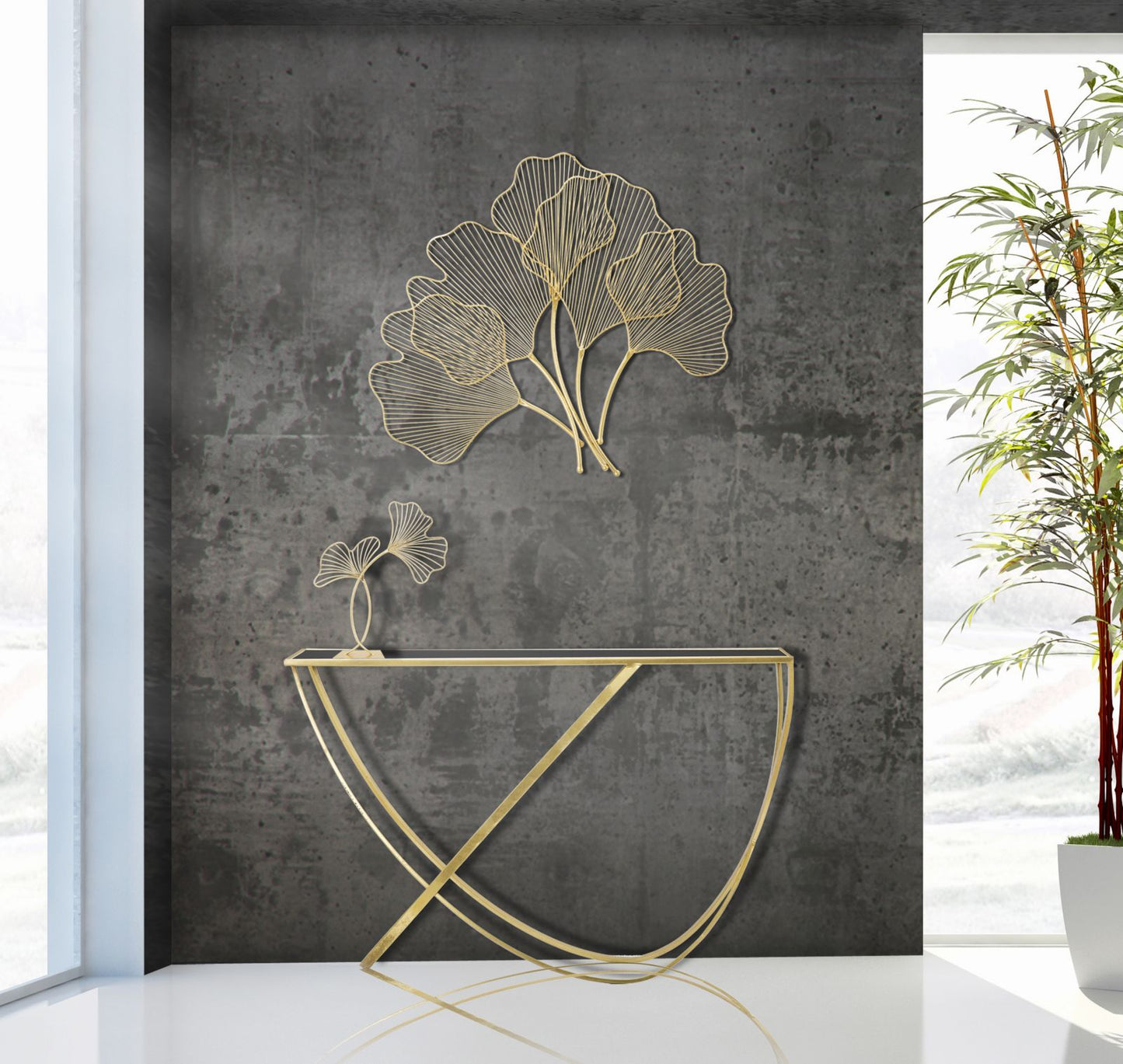 Sidetable Ring Goud Metaal Zwart Glas 120x40x79 cm