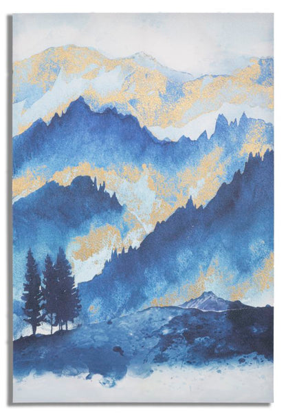 "Mountain Serenity" Schilderij Canvas Blauw Goud