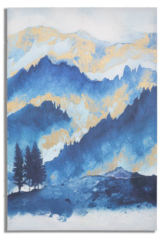 "Mountain Serenity" Schilderij Canvas Blauw Goud