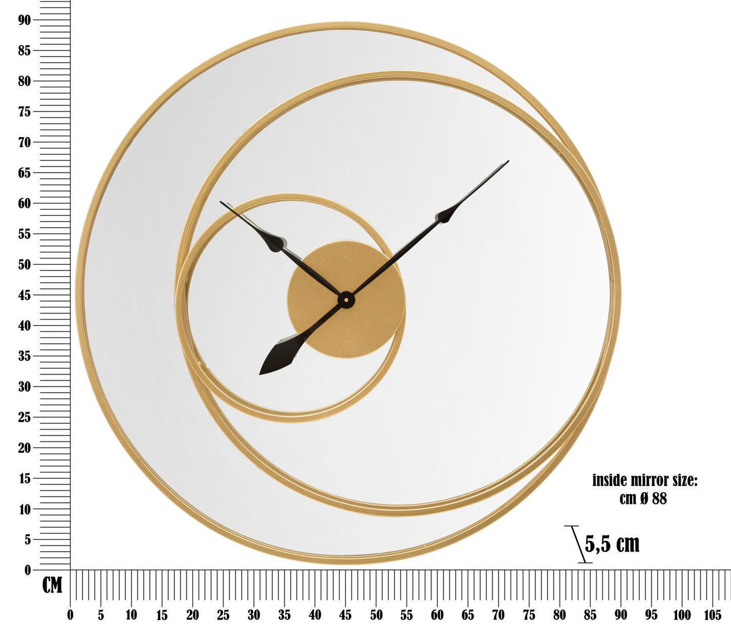 Ronde wandspiegel met klok goud metaal 90 cm