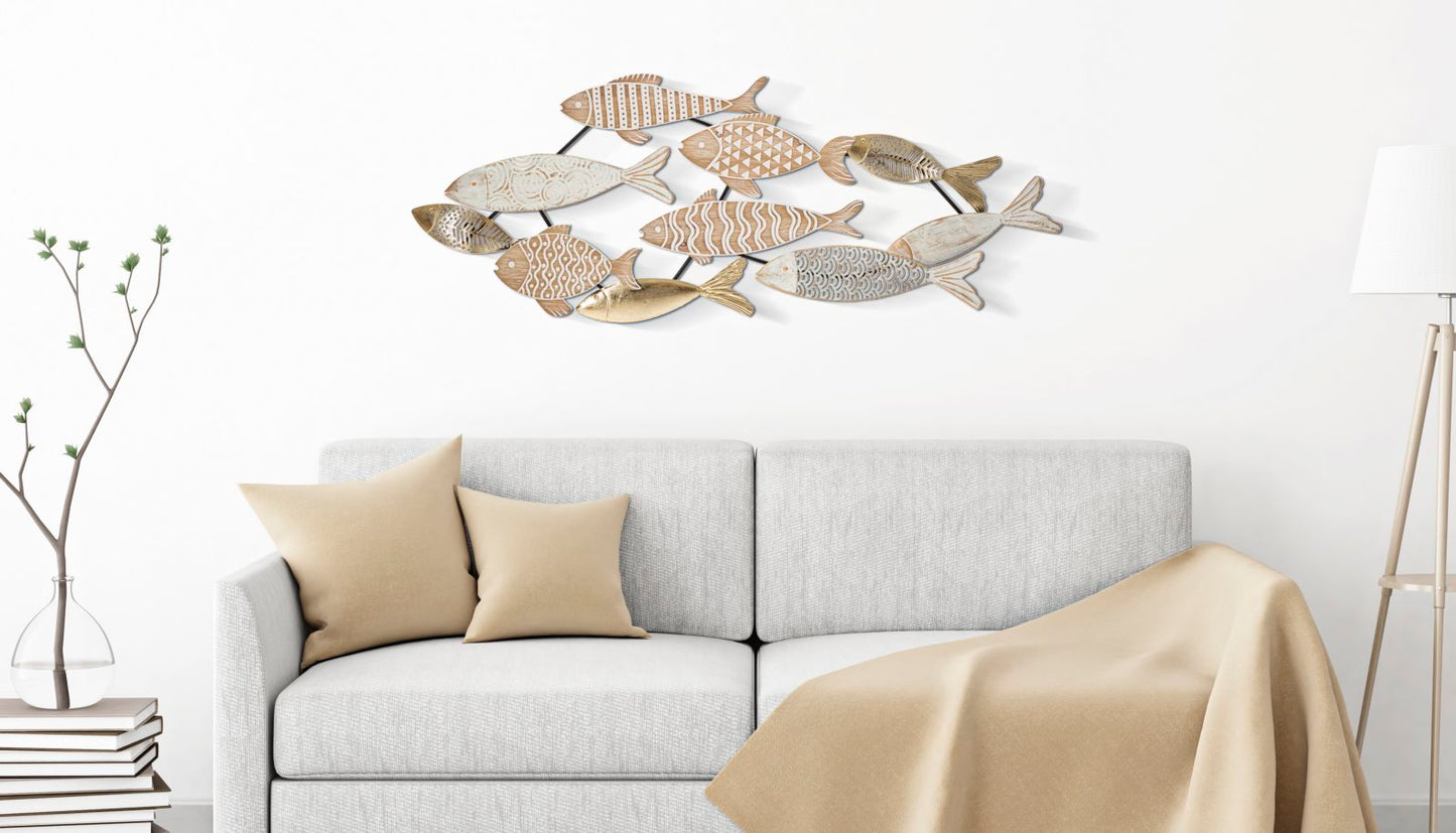 Fishy Wanddecoratie Metaal Hout 118x446 cm