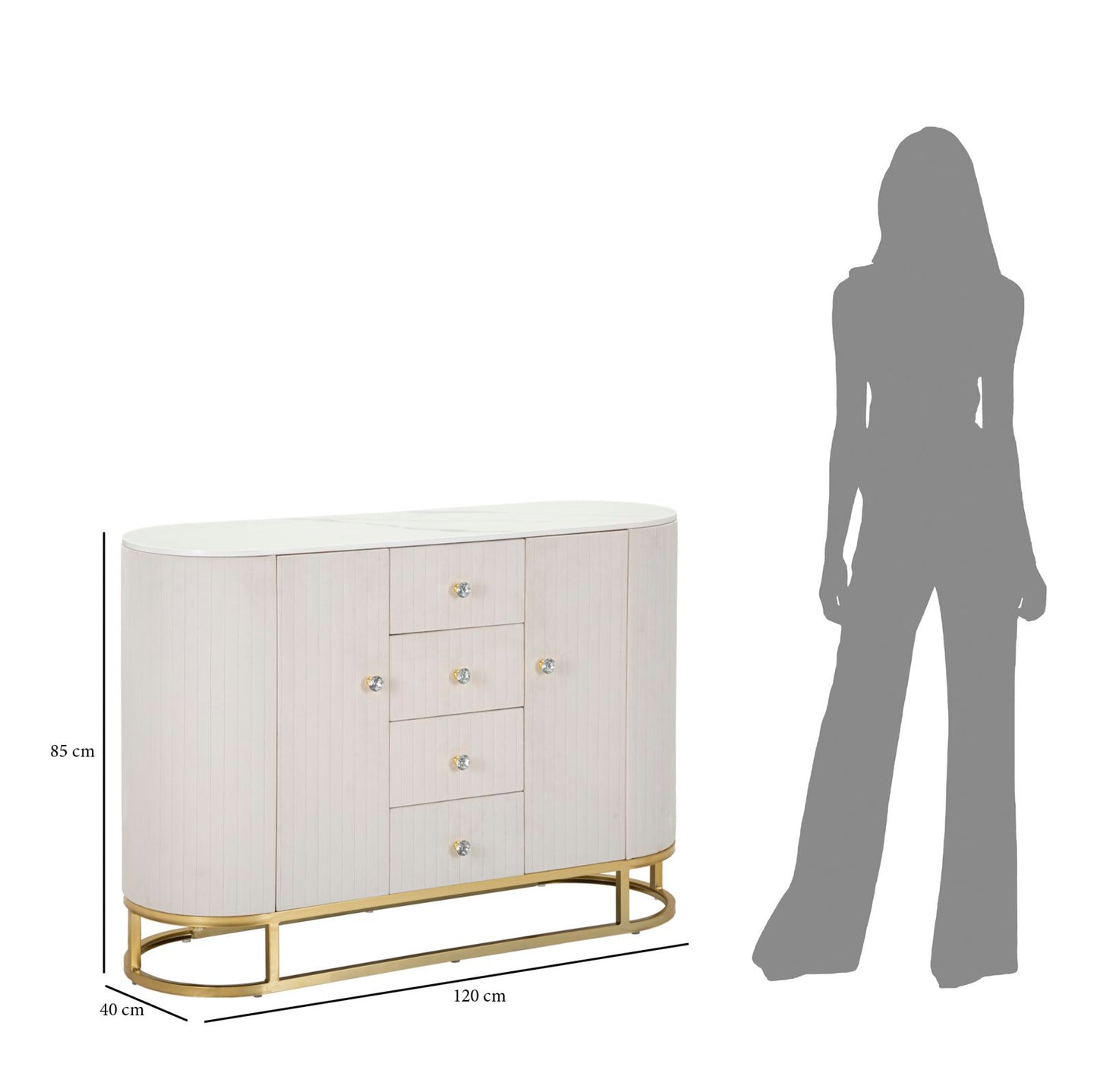 Dressoir Montpellier Goud Metaal Crème Stof Marmerlook 120x40x85 cm