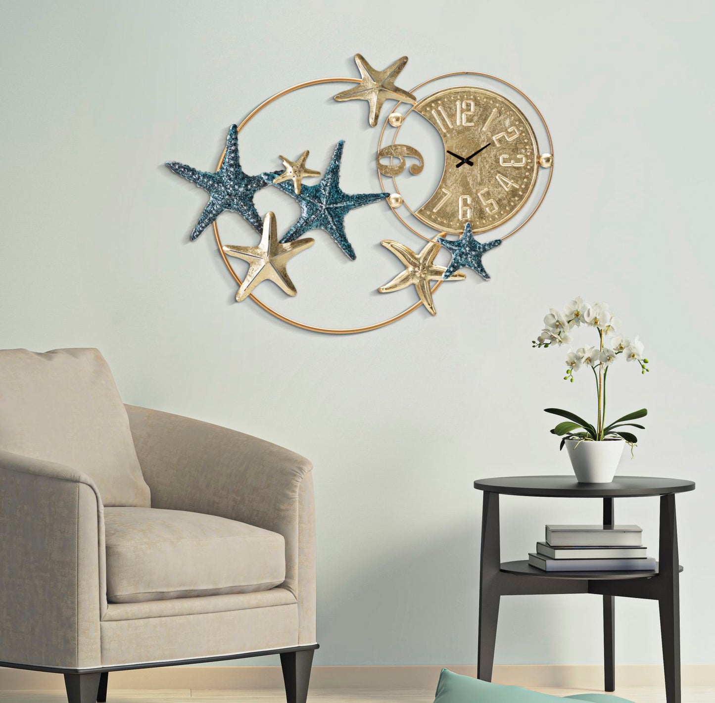 Wandklok Sea Star Wanddecoratie Goud Blauw 91 cm