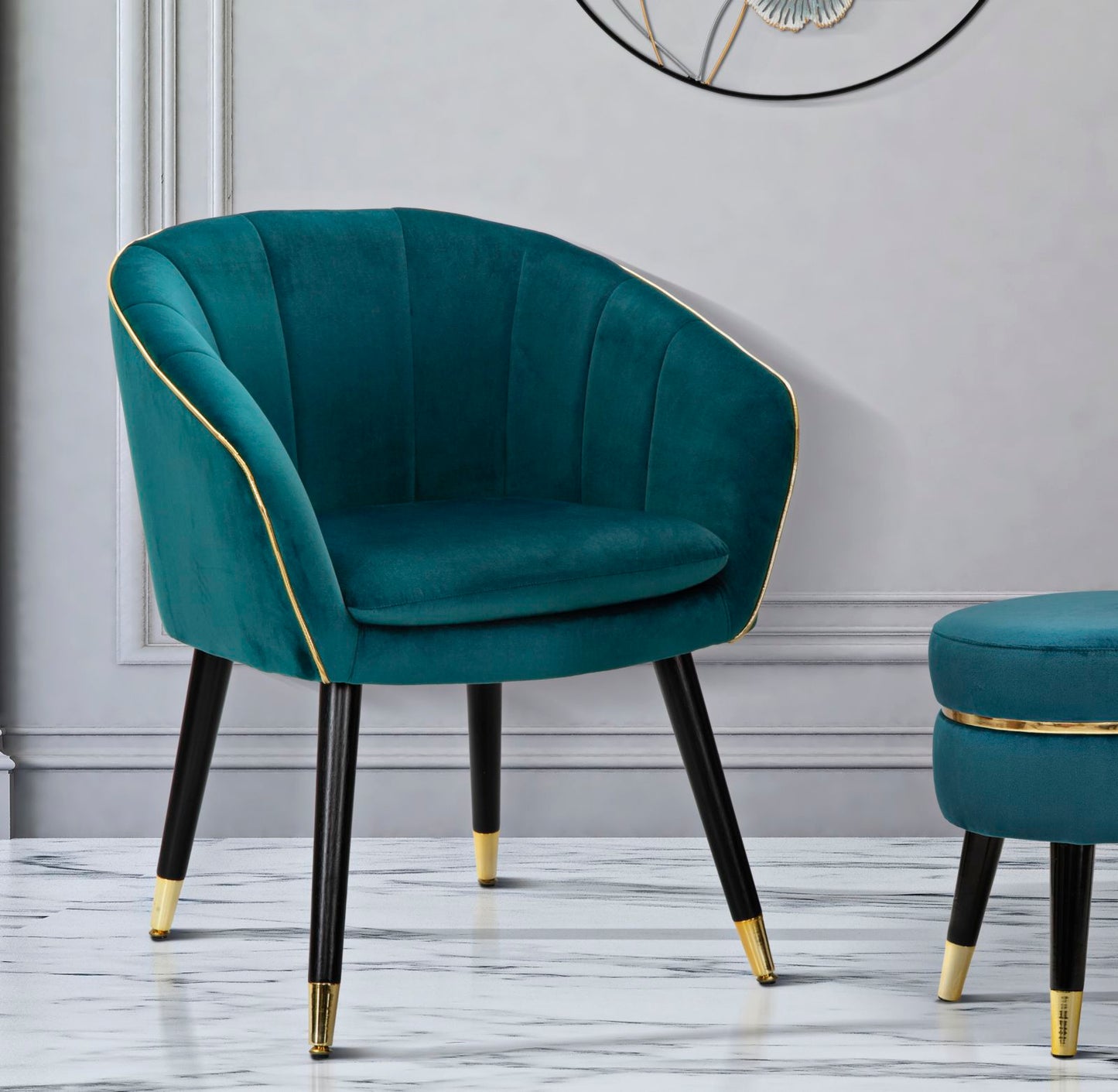 Fauteuil Paris Teal/Goud Stof Zwart Hout